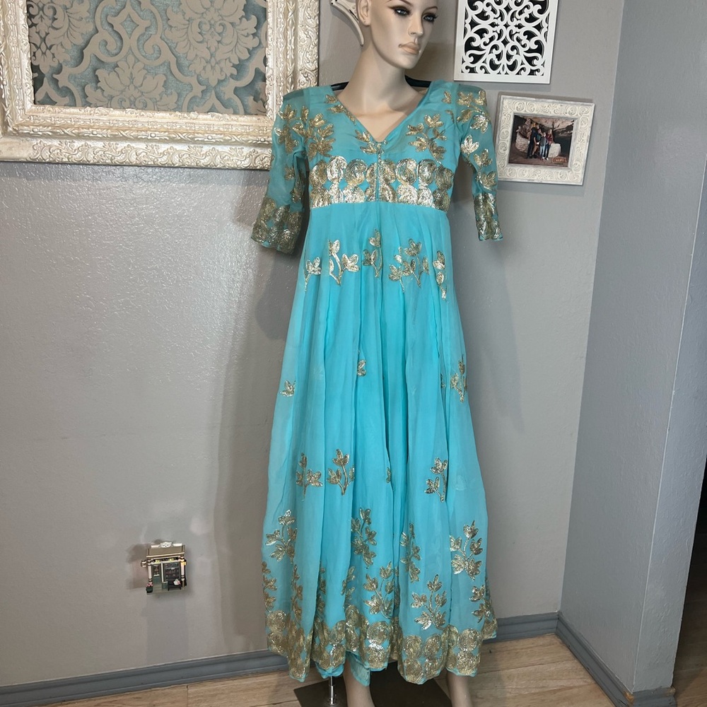 Turquoise Gold-Embroidered Women's Indian Dress